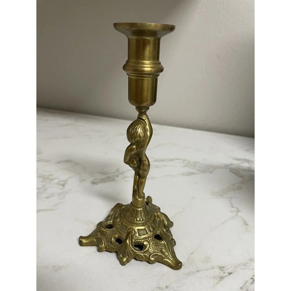 Vintage Brass Putti Cherub Candleholder Candle Stick Tripod Base 8.25